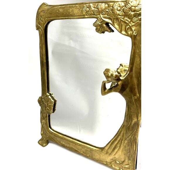 Solid Brass Art Nouveau Vanity Mirror 3D Lady In Gown Dresser Table Decor Vtg - Picture 2 of 12